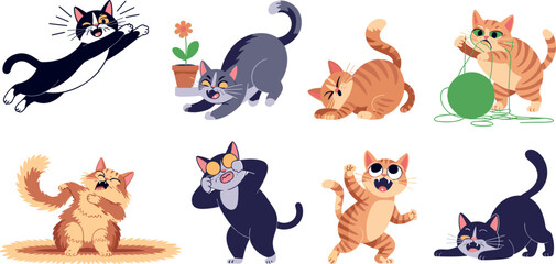 Art & IllustrationCute Cartoon Cat Character Sticker Set with Funny Felines Playing, Stretching, Yawning, and Tangled in Yarn for Juvenile Graphic Designs © Mdnur