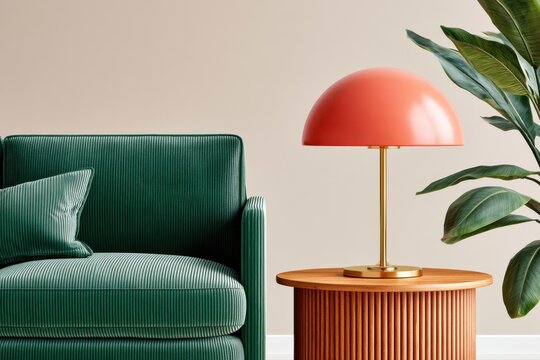 Modern interior with green sofa, coral table lamp and wooden side table by a houseplant
