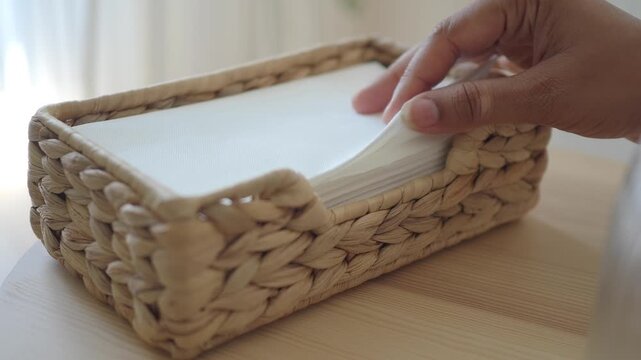 Tissue box on a wooden table in a bright room