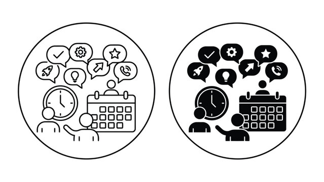 Business project management planning and team scheduling icons with calendar