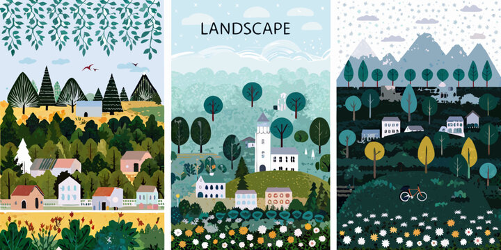 vector landscape collection with colorful houses trees and mountains illustration scenic poster nature outdoor seasons architecture forests village castle snowy spring summer autumn