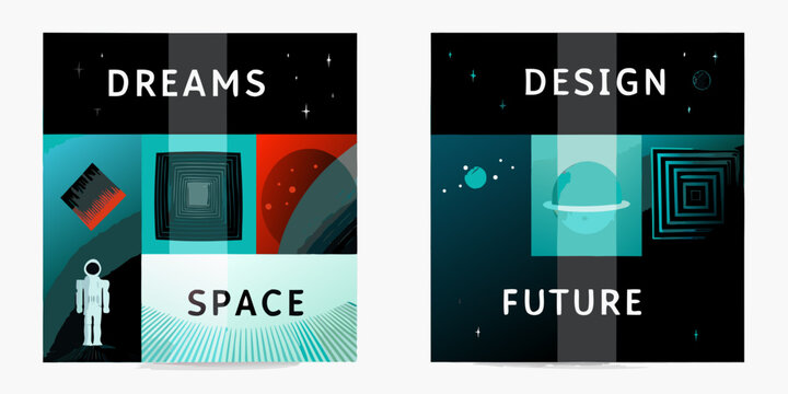 retro futuristic posters with astronaut and planet vector illustration space future design dreams science fiction artwork graphic imagery cosmic exploration visionary conceptual imaginary
