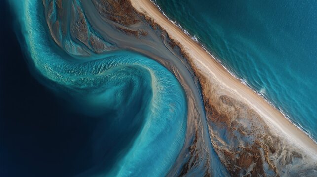 Drone view of river delta meeting ocean at dawn
