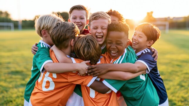 Kids soccer team celebrating in colorful jerseys on grass field at sunset