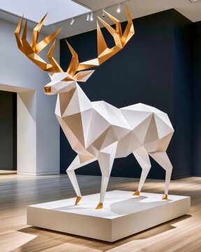 Life sized white paper deer sculpture with gold foil antlers on pedestal in modern gallery