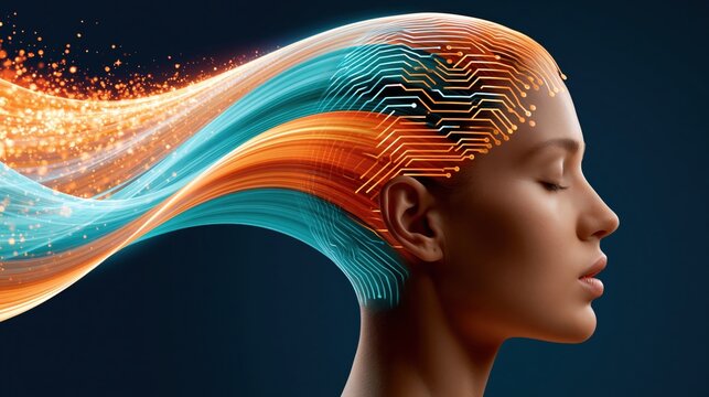 Human head profile formed from glowing circuit board patterns with flowing orange and teal energy streams