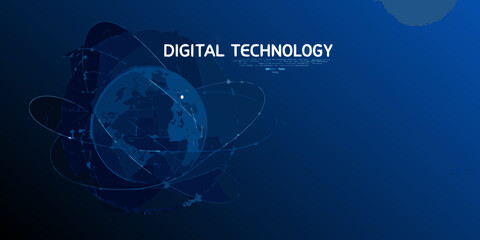 digital technology text over abstract globe on dark blue background sphere earth planet orbit satellite network connection futuristic modern innovation science internet communication © Sudhakar