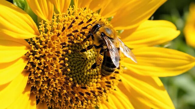 A honey bee collects nectar from a bright yellow sunflower