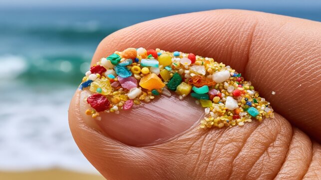 Colorful microplastic fragments and pellets held in hand against ocean backdrop