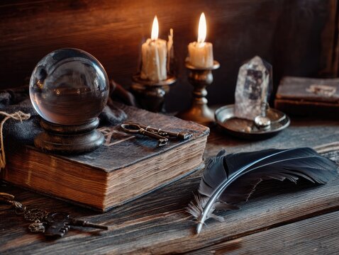 Vintage Spellbook with Crystal Ball and Candles on Wooden Desk