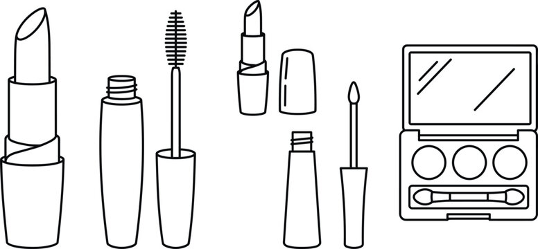 Cosmetics makeup beauty icons set lipstick mascara lip gloss eyeshadow palette powder blush container tool line vector