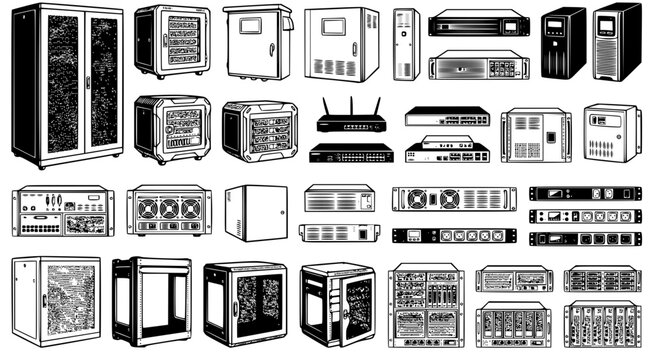 Set of server racks and network data center hardware components for professional IT infrastructure and telecommunications systems in clean black and white vector illustration style