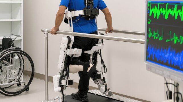 Patient uses advanced exoskeleton technology for physical rehabilitation and mobility assistance.