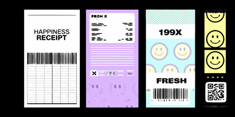 stylized collection of retro receipts with colorful designs happiness receipt prom fresh barcode smiley faces code vector illustration flat design nostalgia nineties 90s © Sudhakar
