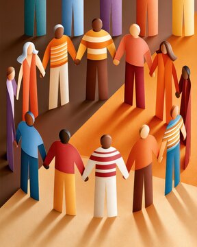 Overhead view of paper cut human figures holding hands in circle around round table