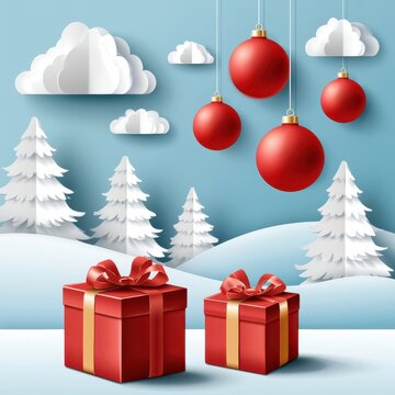 Paper cut style winter wonderland with red ornaments and gift boxes