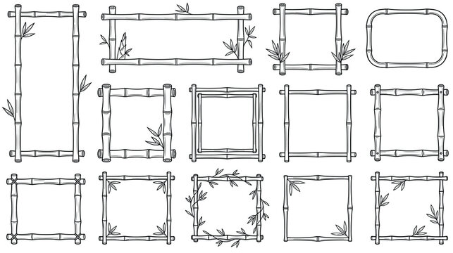 Set of bamboo frames and decorative borders in hand drawn outline style.
