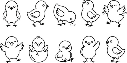 Cute little chick character outline vector set with baby chicken hatching eating walking waving and singing poses