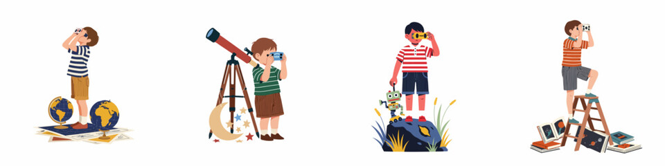 Collection of curious boys exploring the world and space through binoculars, telescopes, and books in a flat vector illustration style.
