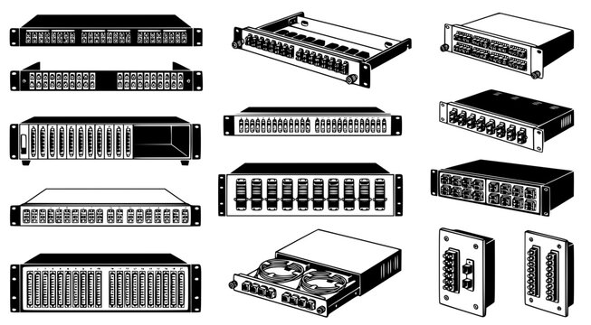 Server rack mount network equipment and interface modules in black and white line art for IT and data center architecture documentation