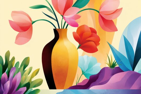 Colorful impressionistic still life with vase and blooming flowers in textured illustration