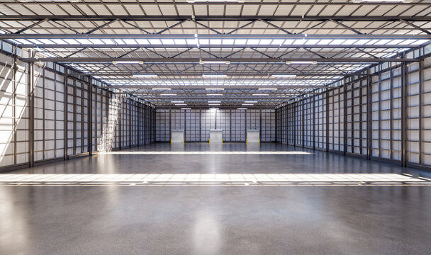 Empty factory interior filled with natural light