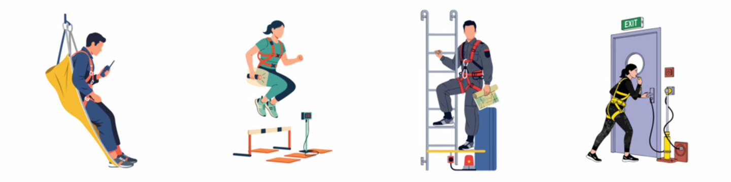 Set of rescue personnel illustrations performing emergency training drills, wearing safety harnesses and tactical gear for industrial and civil defense preparation.
