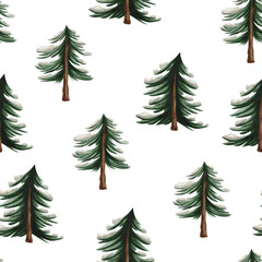 Obraz premium Seamless pattern of illustrated pine trees with snow-capped branches evenly distributed backdrop creating a winter-themed design element.