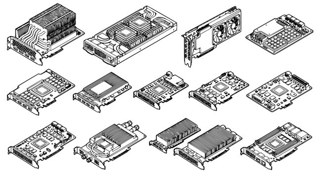Computer hardware components including cooling systems and expansion cards for electronics engineering and pc building