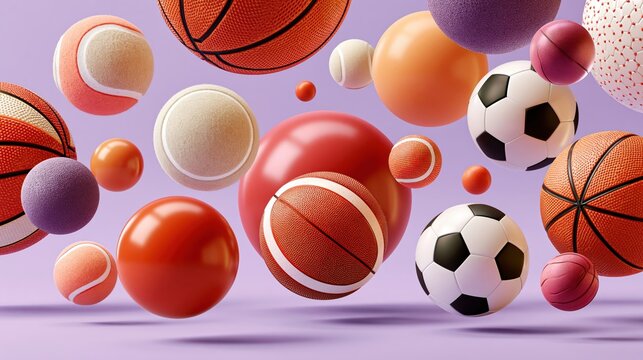 Surreal 3D render of glossy sports balls floating in purple space