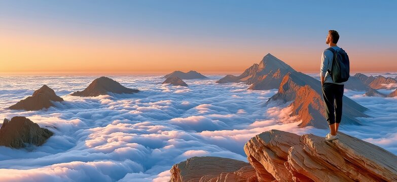 Man standing on a mountain peak above clouds at sunrise, backpacking solo and overlooking a vast landscape