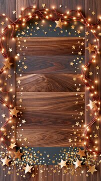 Top down view of dark walnut wood surface framed by warm fairy lights and golden stars