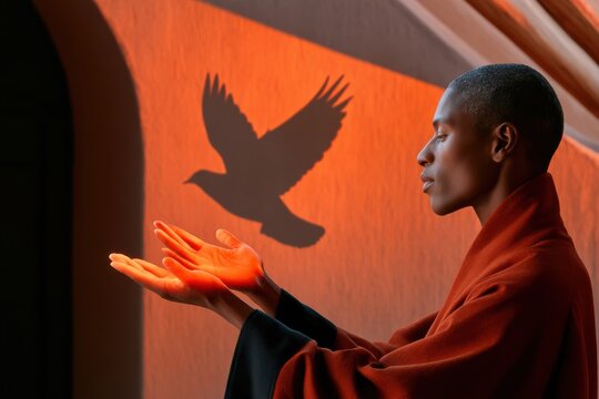 Man creating a bird shadow puppet with hands against warm orange wall light, contemplative portrait