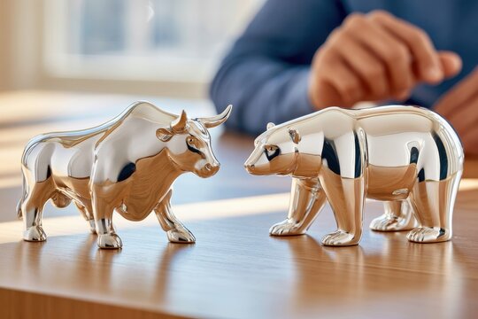 Shiny silver bull and bear figurines on desk symbolizing stock market finance and investment dynamics