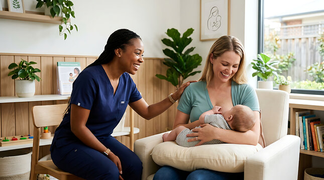 Professional lactation consultant providing guidance and support to a mother breastfeeding her newborn baby in a cozy room
