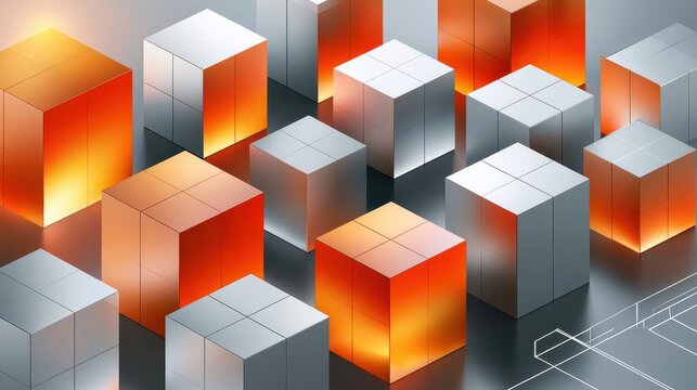 Abstract glowing cubes grid in a modern technology concept with orange gradients and metallic surfaces