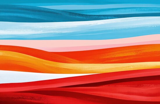 Abstract painting of colorful horizontal brushstrokes evoking a layered landscape and flowing waves