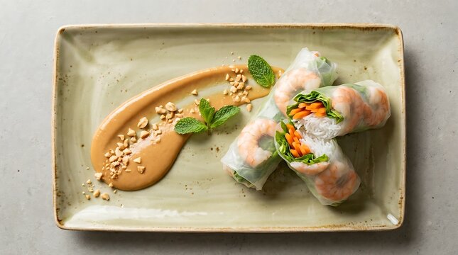 Fresh spring rolls with peanut dipping sauce on a green plate