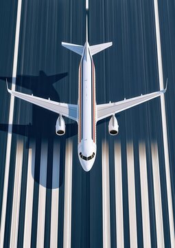 Aerial view of a white passenger airplane taxiing down a runway for travel and aviation operations