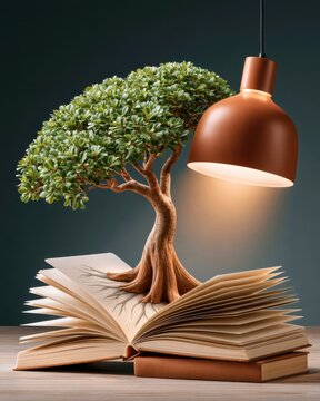 Young tree growing from open notebook under warm pendant lamp