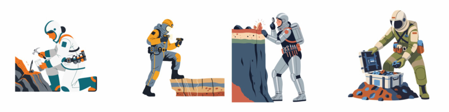 Set of futuristic space geologists and miners in spacesuits exploring and collecting mineral samples on a distant planet.