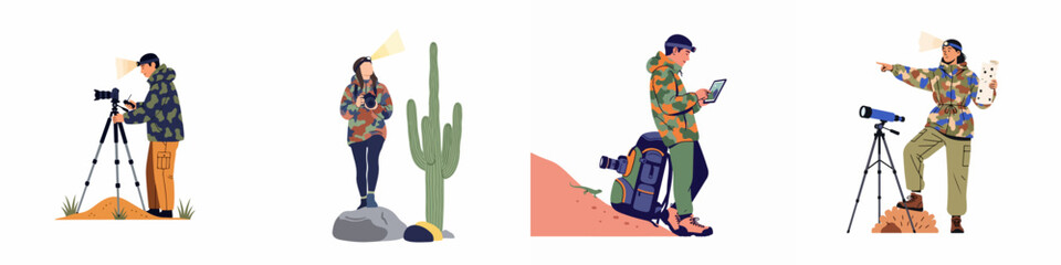 Collection of illustrations showing people observing wildlife and the night sky with cameras, telescopes, and headlamps in a desert environment. © Muqodimatul