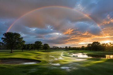 Naklejka premium Golf Course After Storm with Rainbow Above Wet Fairways for Panoramic Landscape Photography Scene View
