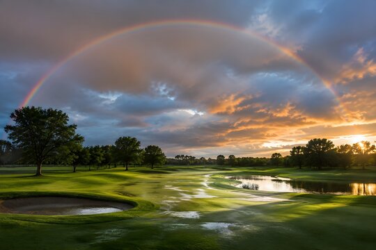 Golf Course After Storm with Rainbow Above Wet Fairways for Panoramic Landscape Photography Scene View