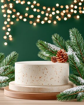 Matte travertine cylinder podium with pine branches and pinecones against green bokeh background