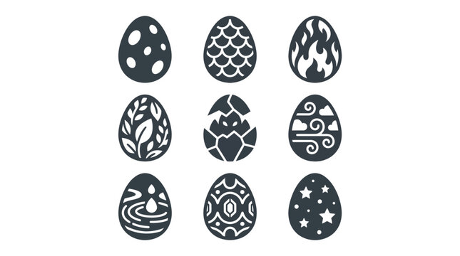 Dragon and monster egg icons with elemental patterns.