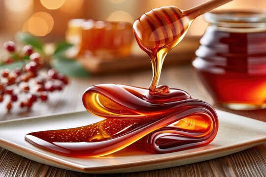 Dark amber honey pouring in slow ribbon from wooden dipper onto ceramic plate