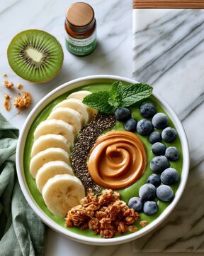 Green smoothie bowl with banana blueberry chia seeds and peanut butter swirl overhead