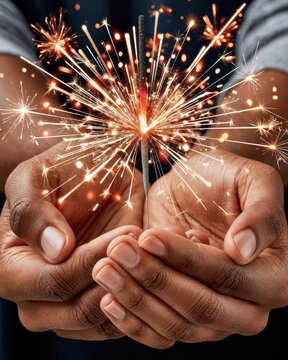 Hands cupping a burning sparkler at night with sparks radiating outward