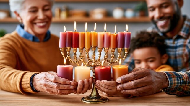 Grandmother and grandchild lighting menorah with family during Hanukkah celebration